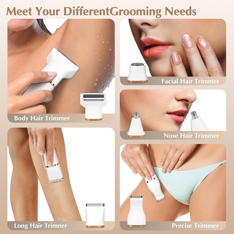 Eilveey Electric Bikini Trimmer for Women - 5 in 1 Rechargeable Electric Razors for Women, IPX7 Waterproof Pubic Hair Trimmer, Painless Womens Body Shaver, Facial Razor & Nose Hair Shaver, White - Image 2